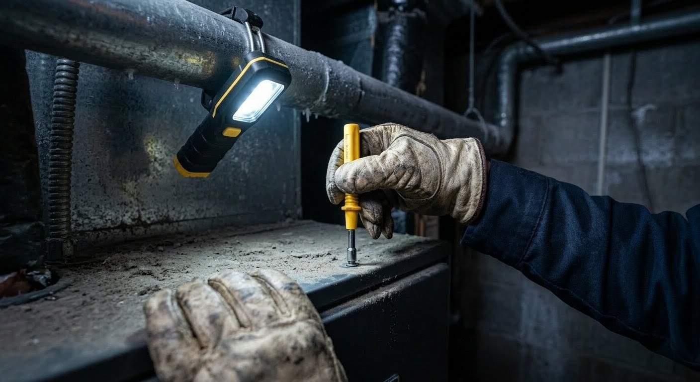HVAC technician working on equipment with work light in dark basement